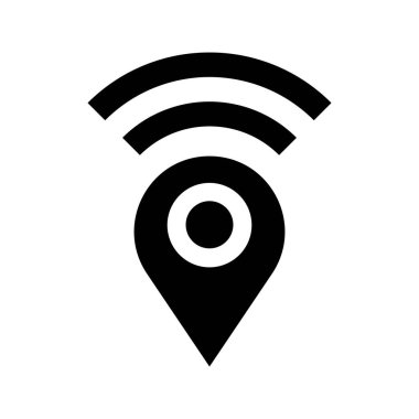 Map pin and radio silhouette icon. Vector.