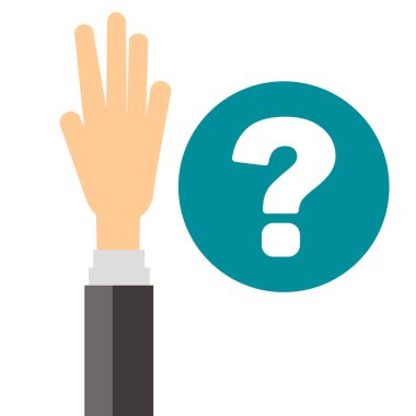 The hand of a man raising his hand. Vectors on questions and doubts.