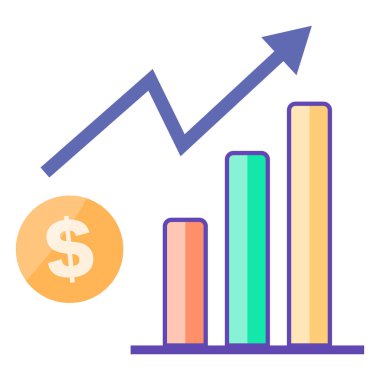 Bar chart icon and increasing arrow of the rising price of the dollar. Vectors.