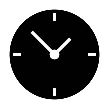 A silhouette icon of a clock, with a scale placed at 90 degrees. Vector.