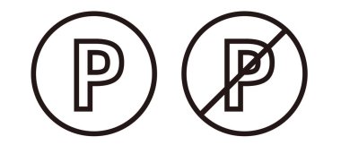 Black and white parking sign icon. Two vectors meaning parking permit and parking ban.