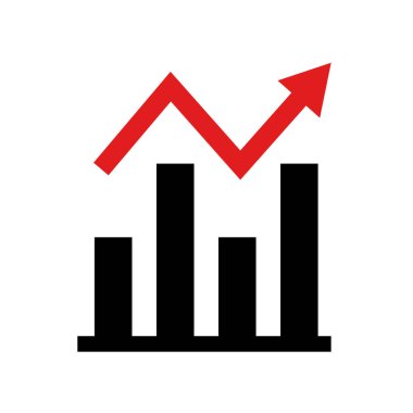 Bar chart icon with ascending red arrow. Vectors.