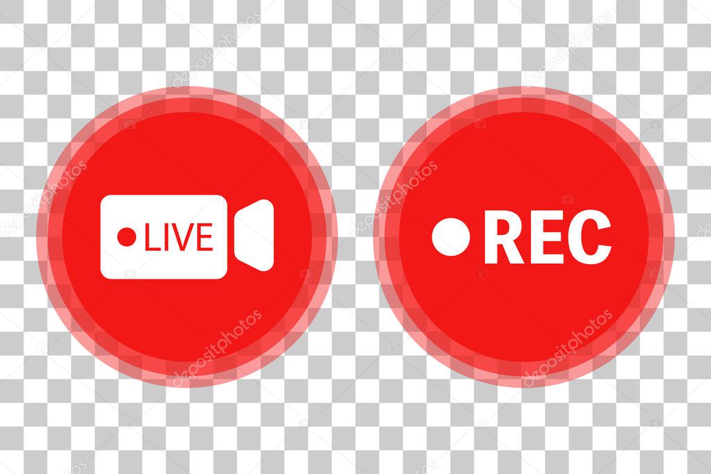 Live camera icons and recording icons isolated on transparent background. Live and live broadcasting. Editable vectors.