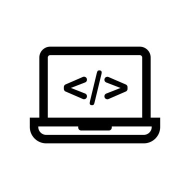 Laptop and tag mark. Programming icon. Editable vector.