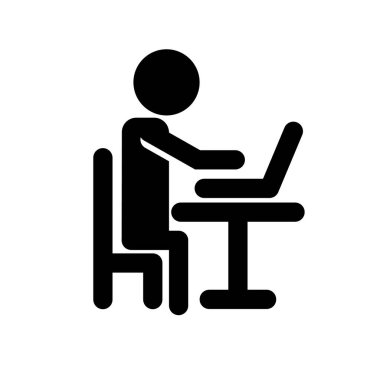 Silhouette icon of a person sitting on a chair and working on a computer at a desk. Editable vector.