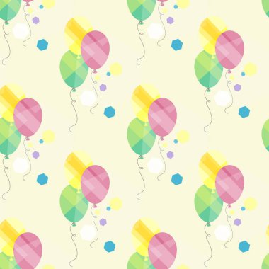 Hafif arka planda renkli balonlar. Balonlar ve konfetilerle kusursuz renk deseni. Balonlar ve konfetilerle dekoratif arka plan. Kumaşlar, tekstil ve ambalaj kağıtları için grafiksel baskı.