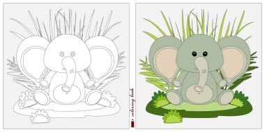 Renk kitabı için siyah-beyaz ve renkli resimler. Çocuk temalı bir Contour çizimi. Küçük bir fil yavrusu sazlık ve eğrelti otlarının arasında bir açıklıkta oturur. Renk kitapları için, çocuk baskıları.