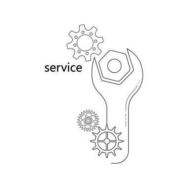 Çark ve anahtarın doğrusal görüntüsü. Beyaz arkaplandaki izole vektör elementleri. Tamir, servis, müşteri oryantasyonu. Kartvizit, broşür, broşür basmak için kullanabilirsiniz..