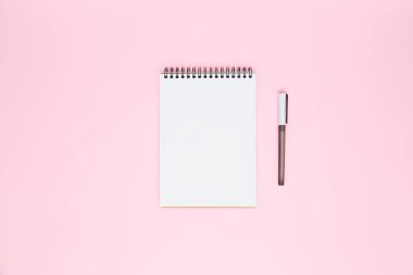 Beyaz, boş, sarmal bir defter ve pastel pembe arka planda izole edilmiş bir kalem. Düz konum, kopyalama alanı. Yaratıcı çalışma, iş, finans veya eğitim kavramı.