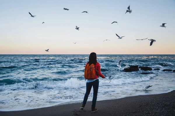 Jovem Menina Feliz Com Mochila Laranja Alimentando Gaivotas Uma Noite — Fotografia de Stock