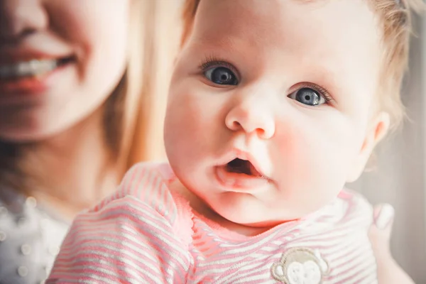 Close Newborn Baby Looking Camera Mother Hands Small Daughter Mum — Stockfoto