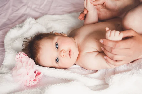 Close Portrait Cute Happy Smiling Baby Girl Lying Bed Mother — Stock Photo, Image