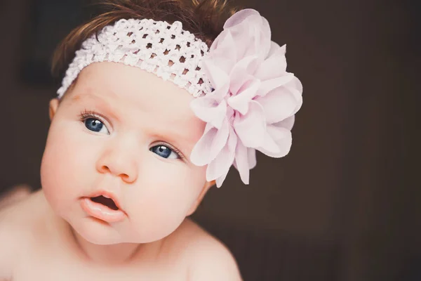 Close Portrait Cute Baby Girl Big Surprised Open Eyes Healthy — Stock Photo, Image