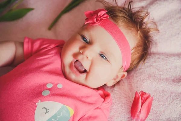 Close Portrait Cute Happy Smiling Baby Girl Lying Pink Bed — Stock Photo, Image