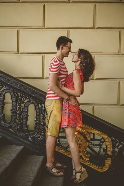 Beautiful Young Couple Outdoors Vintage Stairs Smiling Embracing Looking Each — Stockfoto