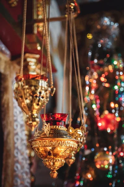 Burning Red Gold Icon Lamp Candle Church Details Orthodox Christian — Stock Photo, Image