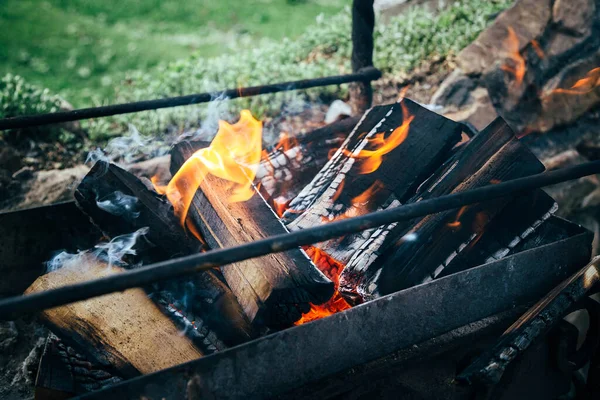 Firewood Burning Metal Brazier Preparation Cooking Barbecue Summertime — Stock Photo, Image