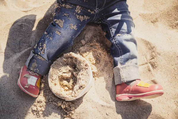 Legs Small Baby Little Girl Blue Jeans Pink Shoes Sitting — Stock fotografie