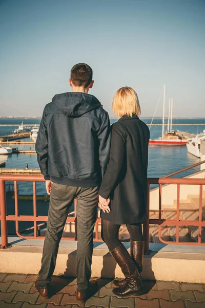 Happy Romantic Attractive Young Couple Staying Together Pier Port — Stockfoto