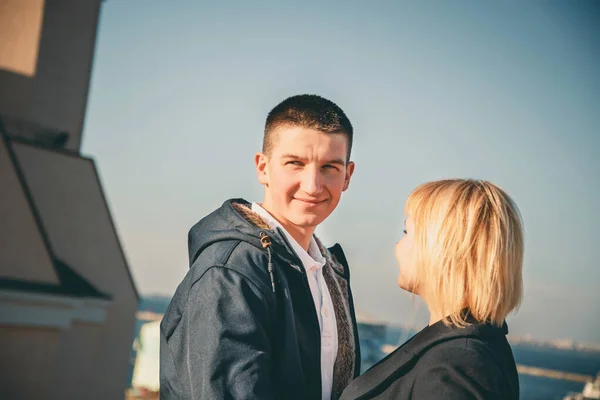 Close Cute Young Beautiful Couple Pier Sunset Man Hugging His — Stockfoto