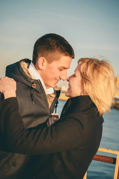 Close Happy Romantic Attractive Young Couple Smiling Hugging Kissing — Fotografia de Stock