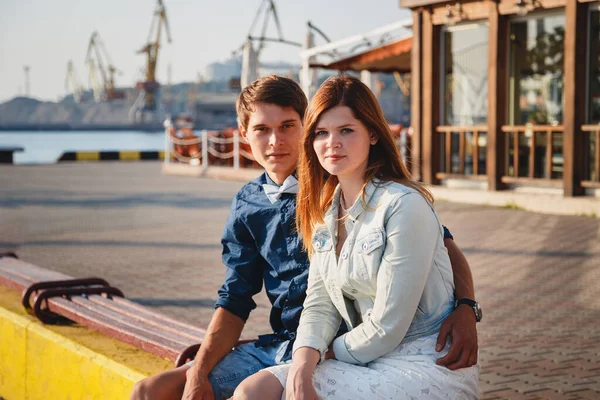 Cute Young Beautiful Couple Sitting Hugging Together Pier Port Hipsters — Stockfoto