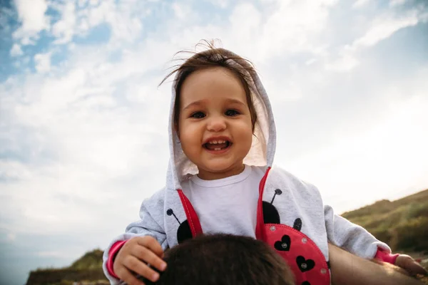 Close Happy Small Baby Girl Hood Sitting Father Shoulders Sky — Foto de Stock