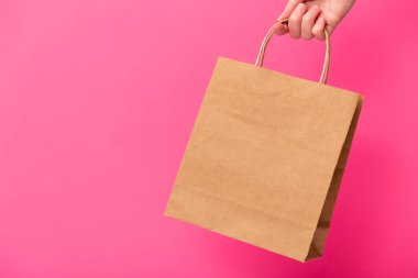 Female hand holding brown craft blank shopping bag isolated on pink background. Black friday sale, discount, recycling, shopping and ecology concept