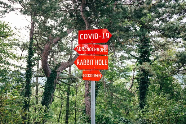 Covid-19, Adrenochrome, Rabbit Hole, Lockdown road warning red signs. Social media campaign for coronavirus plus fake news and total disorientation in society. Conspiracy theories concept.