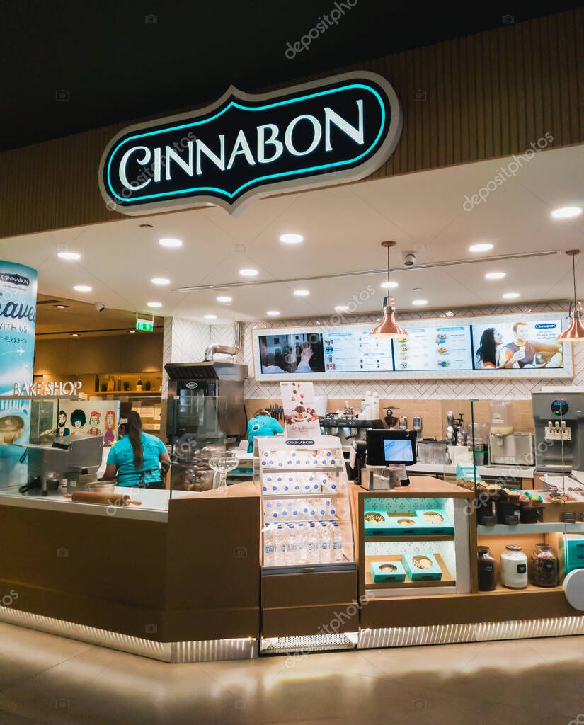 Athens, Greece - February, 11 2020: Cinnabon Bakery shop in Athens International Airport Eleftherios Venizelos. Cinnabon is an American chain of baked goods stores and kiosks.