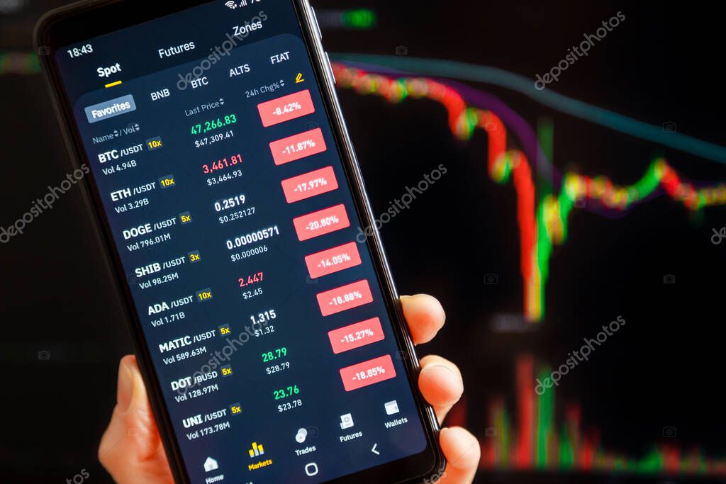 Ukraine, Odessa - September, 7 2021: Bitcoin dump. BTC, ETH, Doge and other altcoins price crashed in red candle and massive sell-off. Binance mobile app running at mobile screen with trading page.