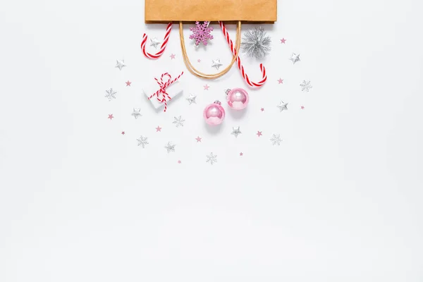 Christmas New Year Composition Craft Paper Bag Presents Sweet Candy — Stockfoto