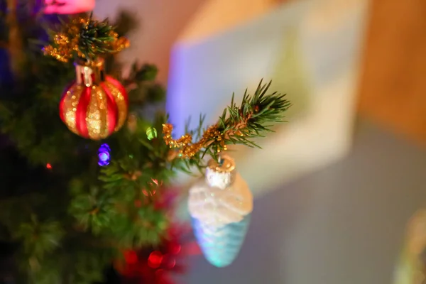 Defocused Holiday Background Decorated Small Real Christmas Tree Home Christmas — стоковое фото