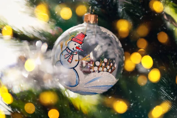 Decorated Christmas Tree Closeup Snowman Ball Illuminated Gold Garland New — стоковое фото