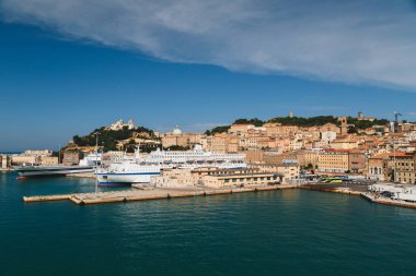 Ancona, Italy - September, 10 2018: Aerial view of cruise ships and ferries docked at the port of Ancona. Bright summer day, travel concept.