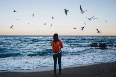 Turuncu sırt çantalı mutlu kız deniz kenarında akşam vakti martıları besliyor.