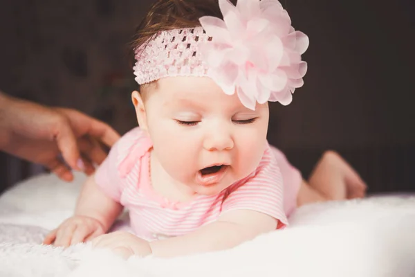 Cute Sleeping Beautiful Yawning Baby Girl Pink Lying White Bed — Stock Photo, Image