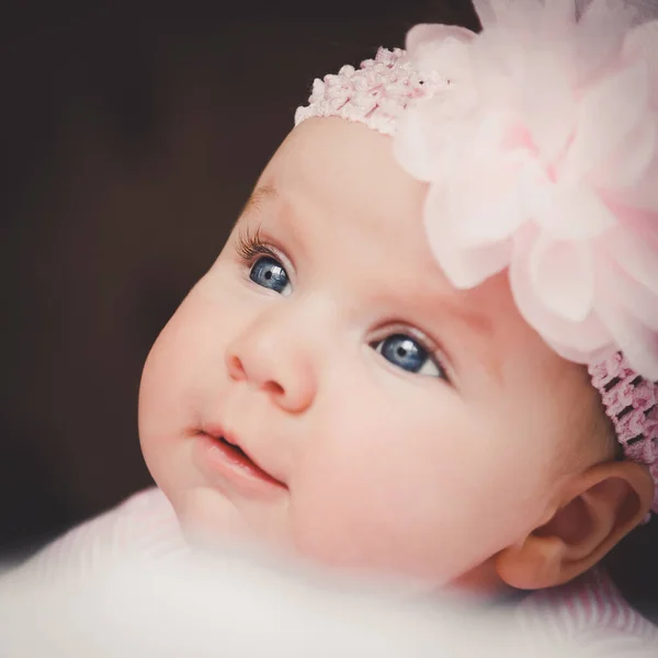 Close Portrait Cute Months Old Smiling Baby Girl Pink Big — Photo