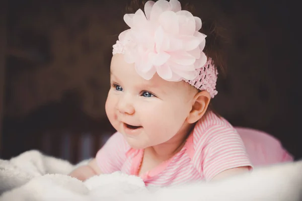 Close Portrait Cute Months Old Smiling Baby Girl Pink Lying — Stock Photo, Image