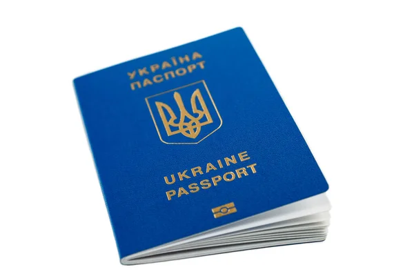 Νέο Ουκρανικό Μπλε Διεθνές Βιομετρικό Διαβατήριο Τσιπ Αναγνώρισης Και Αποτυπώματα — Φωτογραφία Αρχείου
