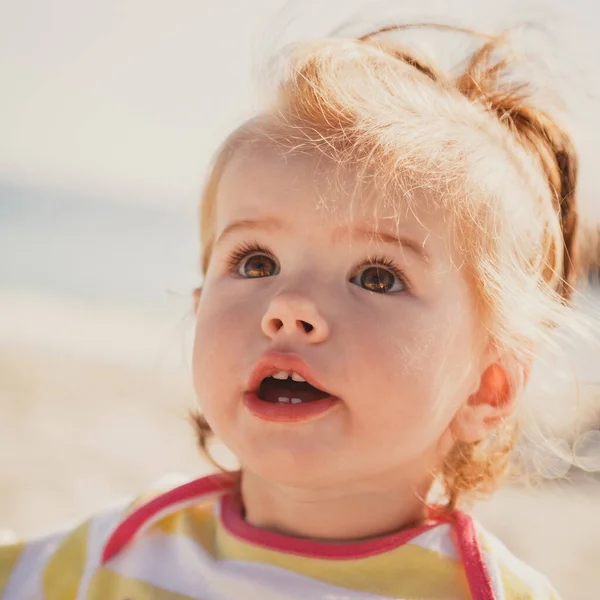 Close Portrait Beautiful Small Baby Blond Little Girl Colourful Pullover — Stock Photo, Image