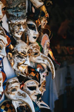 Venice, Italy - September, 9 2018: Colorful venetian masks sale in store on street, Venice, Italy. Vintage Venetian mask carnival.