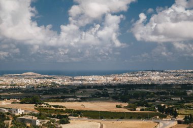Beautiful panoramic view of Malta island from the top of Bastion Square at Mdina with the Mosta Rotunda catholic church. Travel concept.