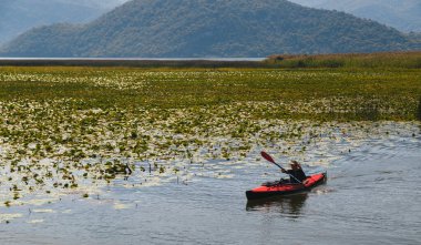 Montenegro, National Park Skadar Lake - September, 21 2018: A small red kayak with a tourist in the middle of the Lake Skadar, famous tourist attraction and the best place for fishing and cruising