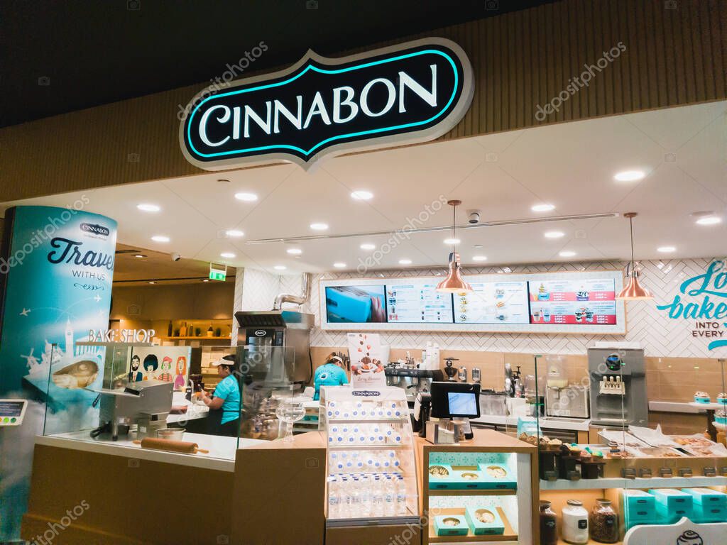 Athens, Greece - February, 11 2020: Cinnabon Bakery shop in Athens International Airport Eleftherios Venizelos. Cinnabon is an American chain of baked goods stores and kiosks.