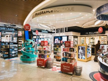Athens, Greece - February, 11 2020: Hellenic Duty Free shops area, fragrance boutique and cosmetics in Athens International Airport Eleftherios Venizelos.