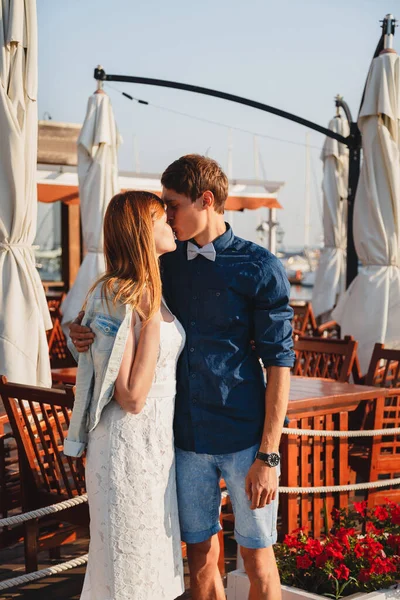 Cute Young Beautiful Couple Kissing Small Summer Cafe Port Happy — Stockfoto