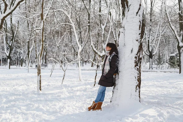 Young Smiling Woman Standing Big Tree Snow Covered Winter Park — Stock fotografie