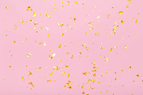 Golden Glitter Confetti Sparkles Pastel Pink Background Flat Lay Top — Stockfoto