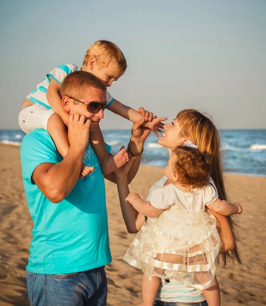 Close Young Happy Loving Family Hugging Beach Together Ocean Happy — Stockfoto